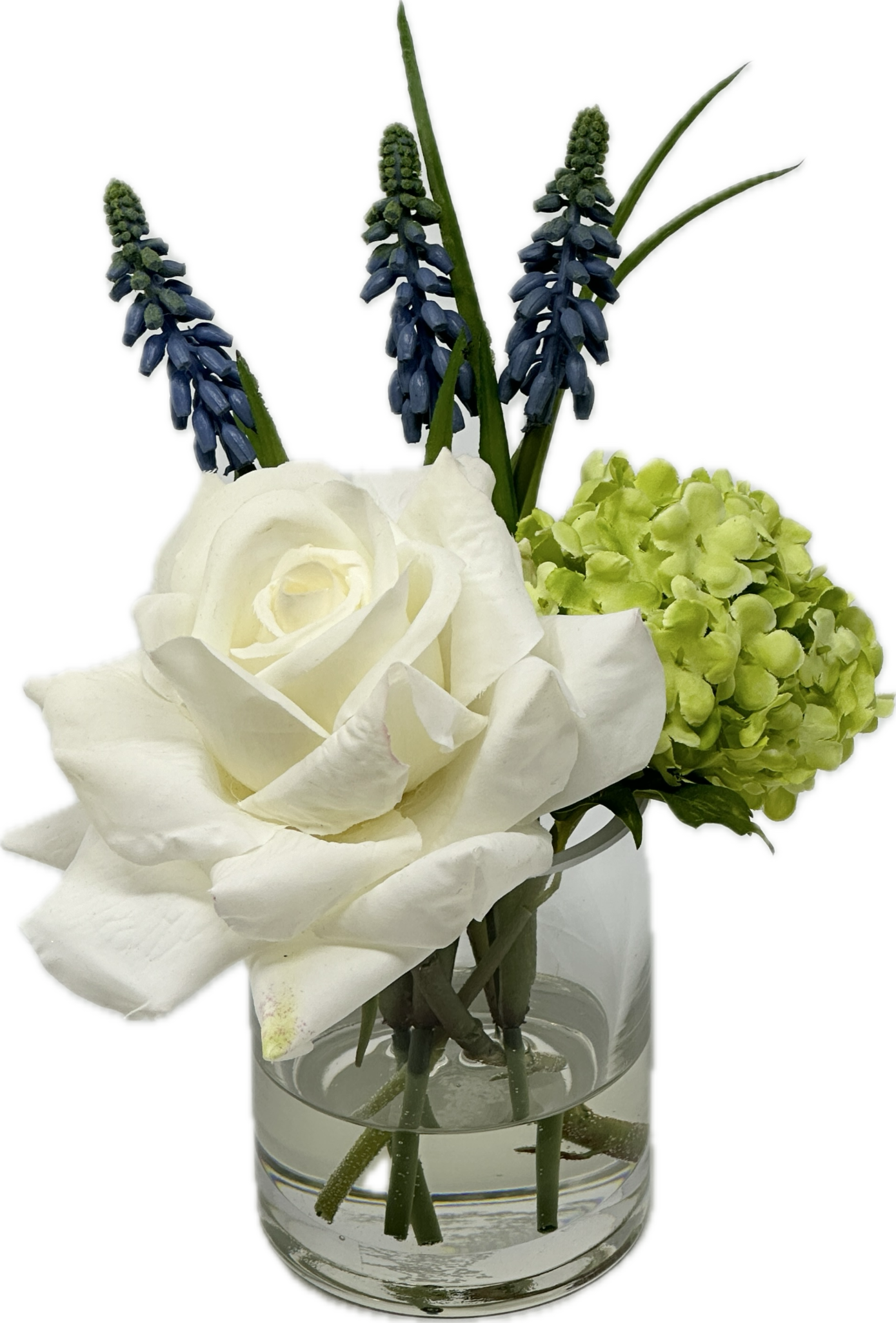 Duchess Rose, Muscari & Viburnum in 3" Cylinder (White)