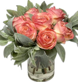 Roses & Salvia in Faux Water 6" Vase (Salmon)