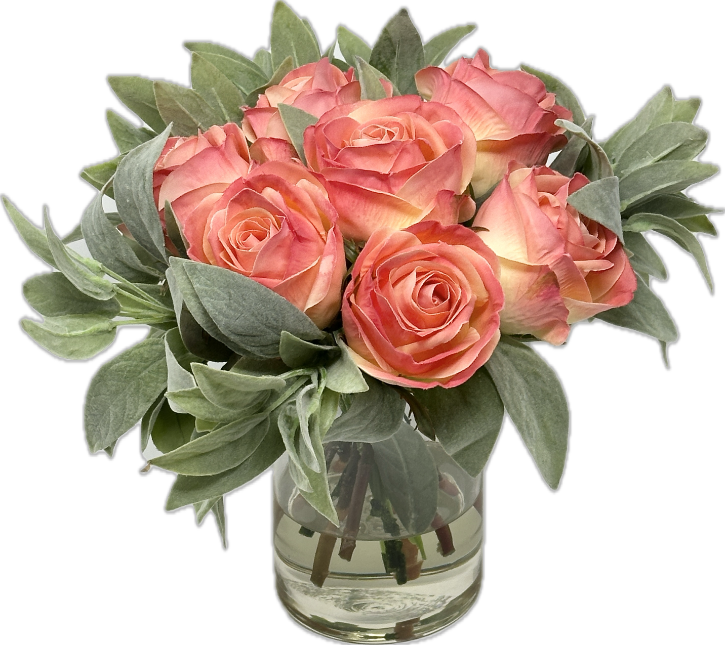 Roses & Salvia in Faux Water 6" Vase (Salmon)