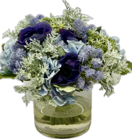 Mixed Hydrangea Bouquet in 5" Cylinder-Faux Water-Blue/White