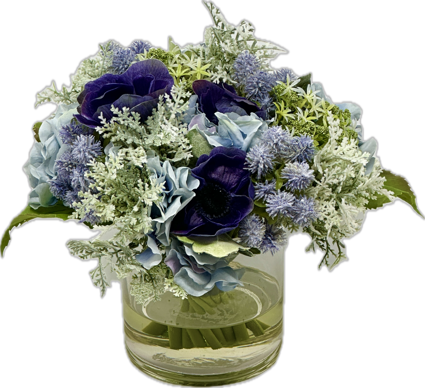 Mixed Hydrangea Bouquet in 5" Cylinder-Faux Water-Blue/White
