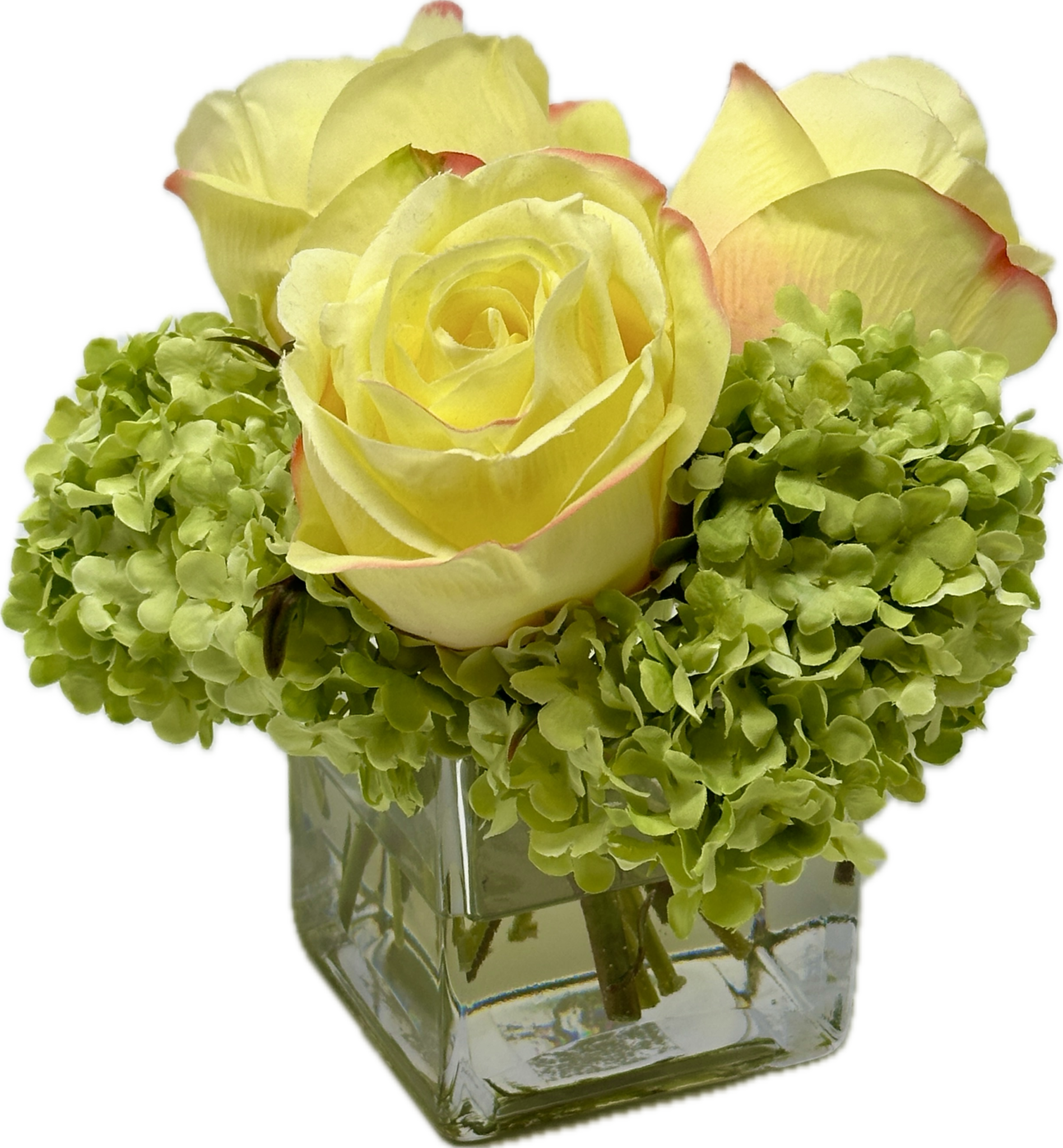 Rose Buds & Viburnum in 3" Square-Faux Water (Yellow/Green)