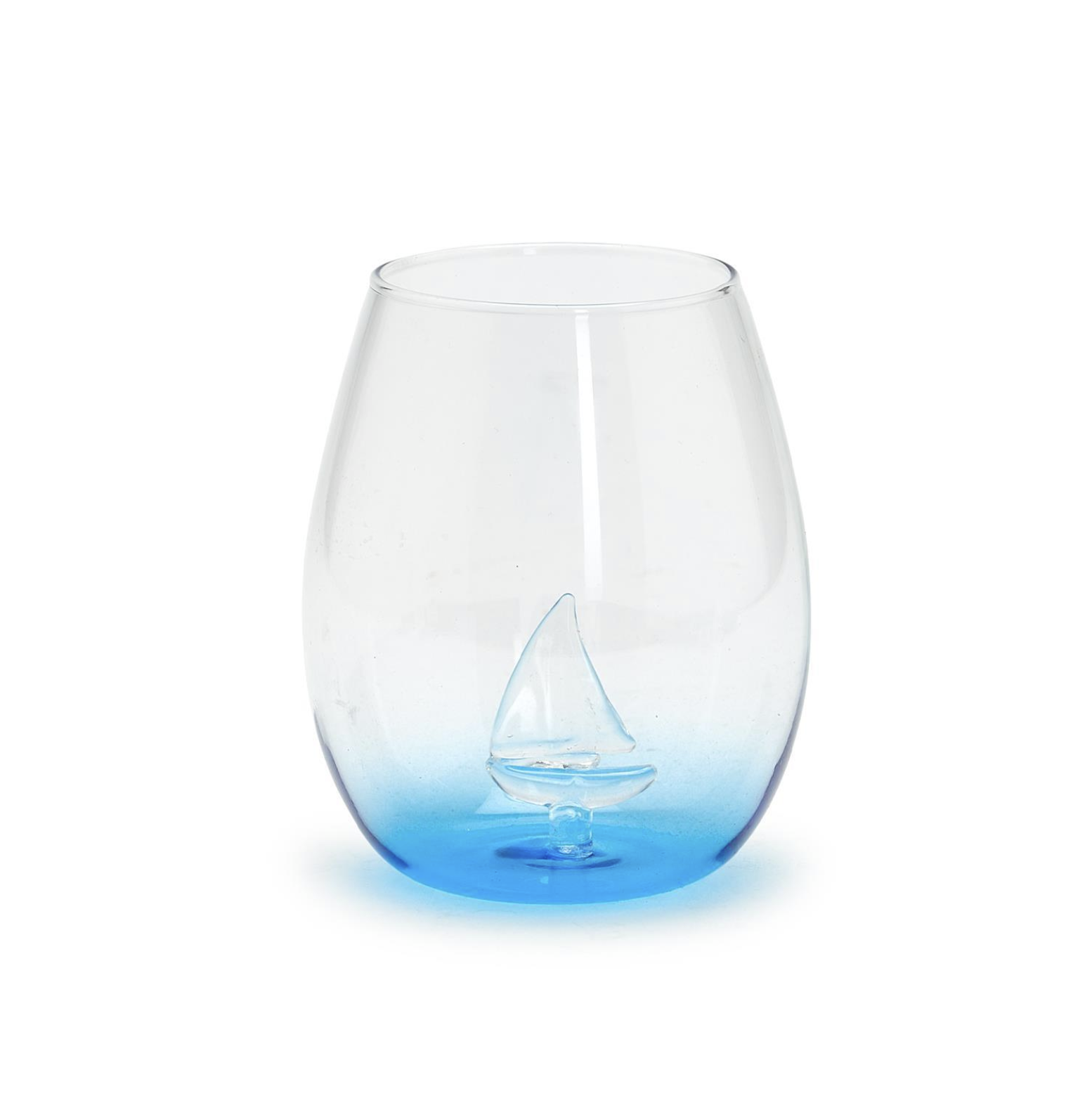 Sailboat Icon Stemless Wine Glass with Ocean Blue Bottom