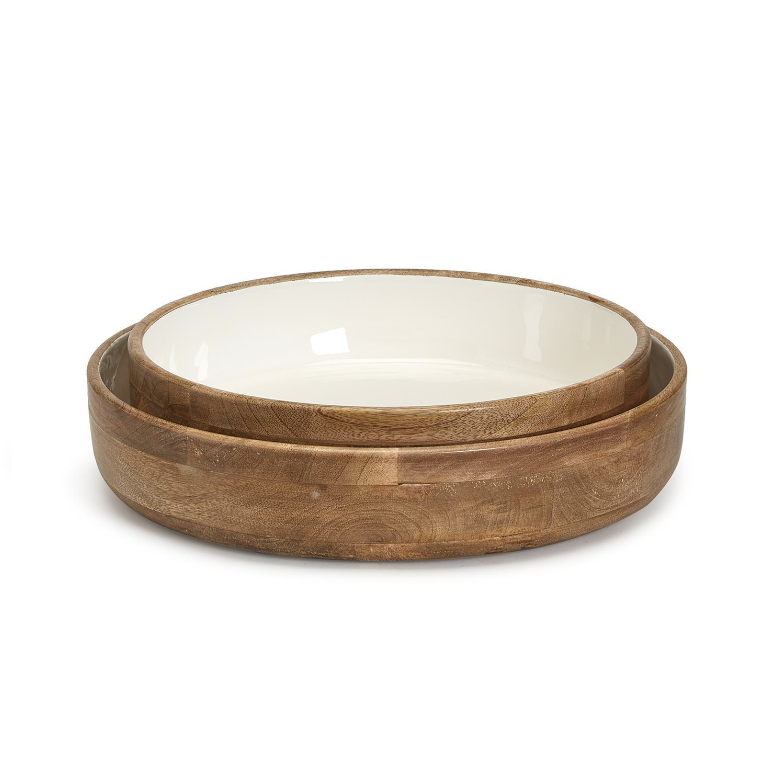 Hand-Crafted Wood Rd Bowls w/White Enamel - LG