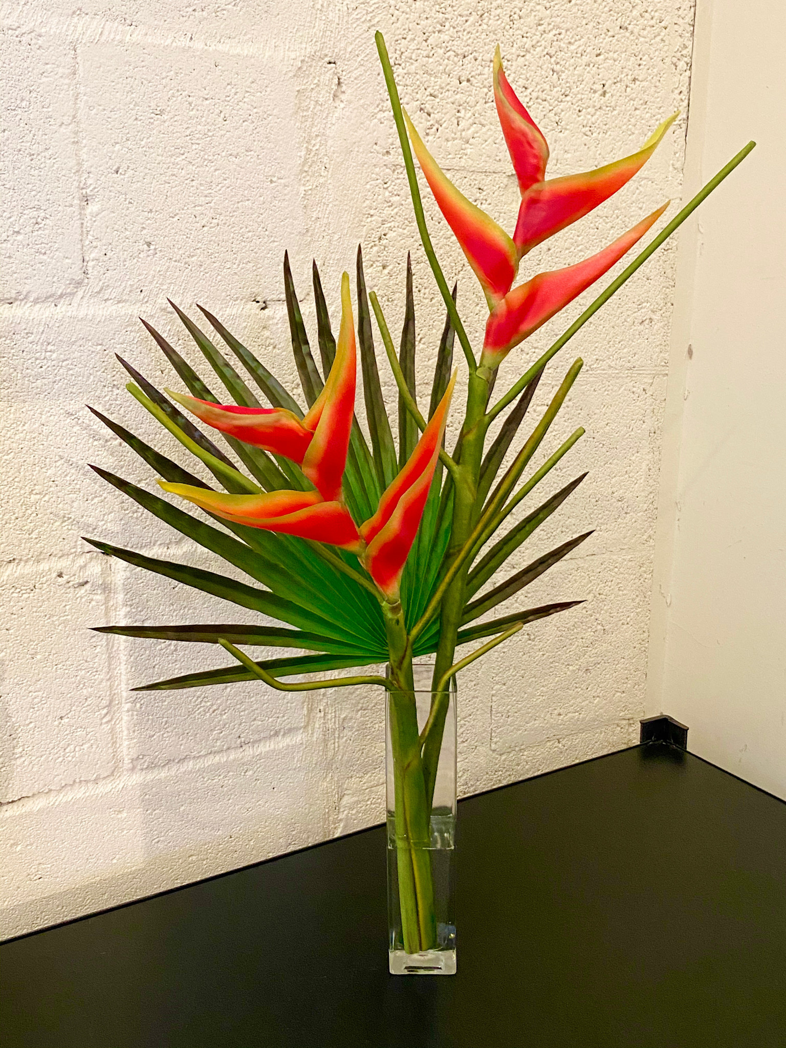 Heliconia x2 with Fan Palm Frond-Orange