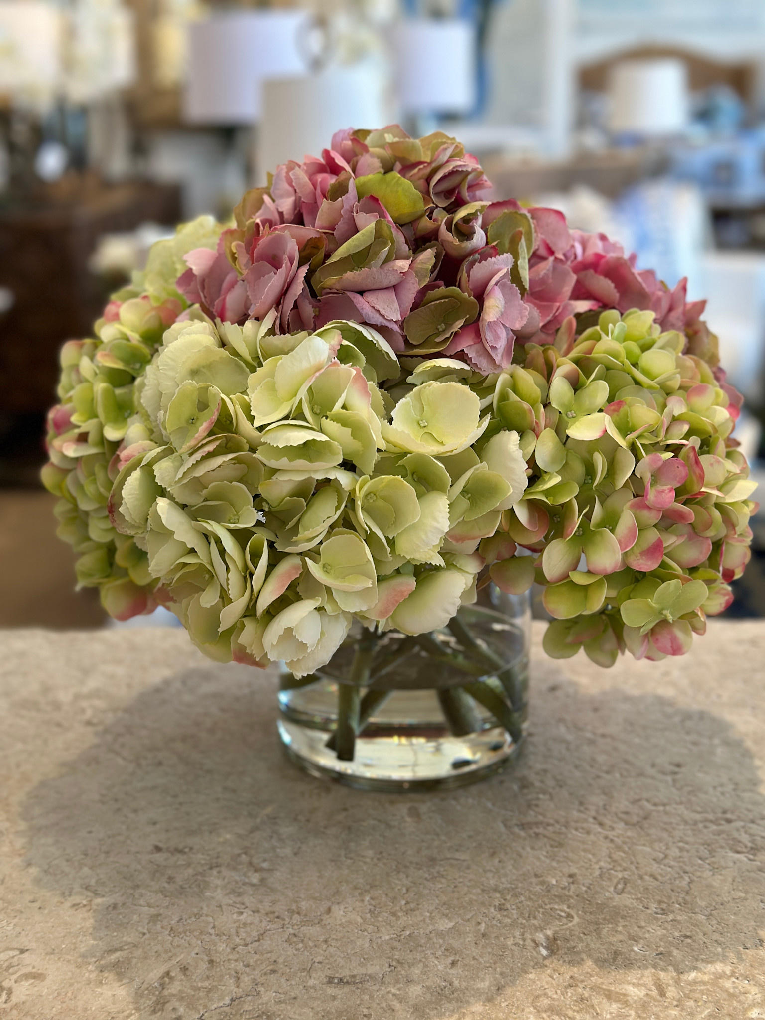 Large Hydrangea x7 in 6" Cylinder-Faux Water (Pink Green)