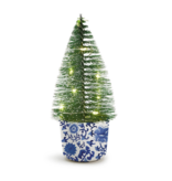 Chinoiserie Christmas Light Up Bottle Brush Tree in Blue and White Ceramic Pot