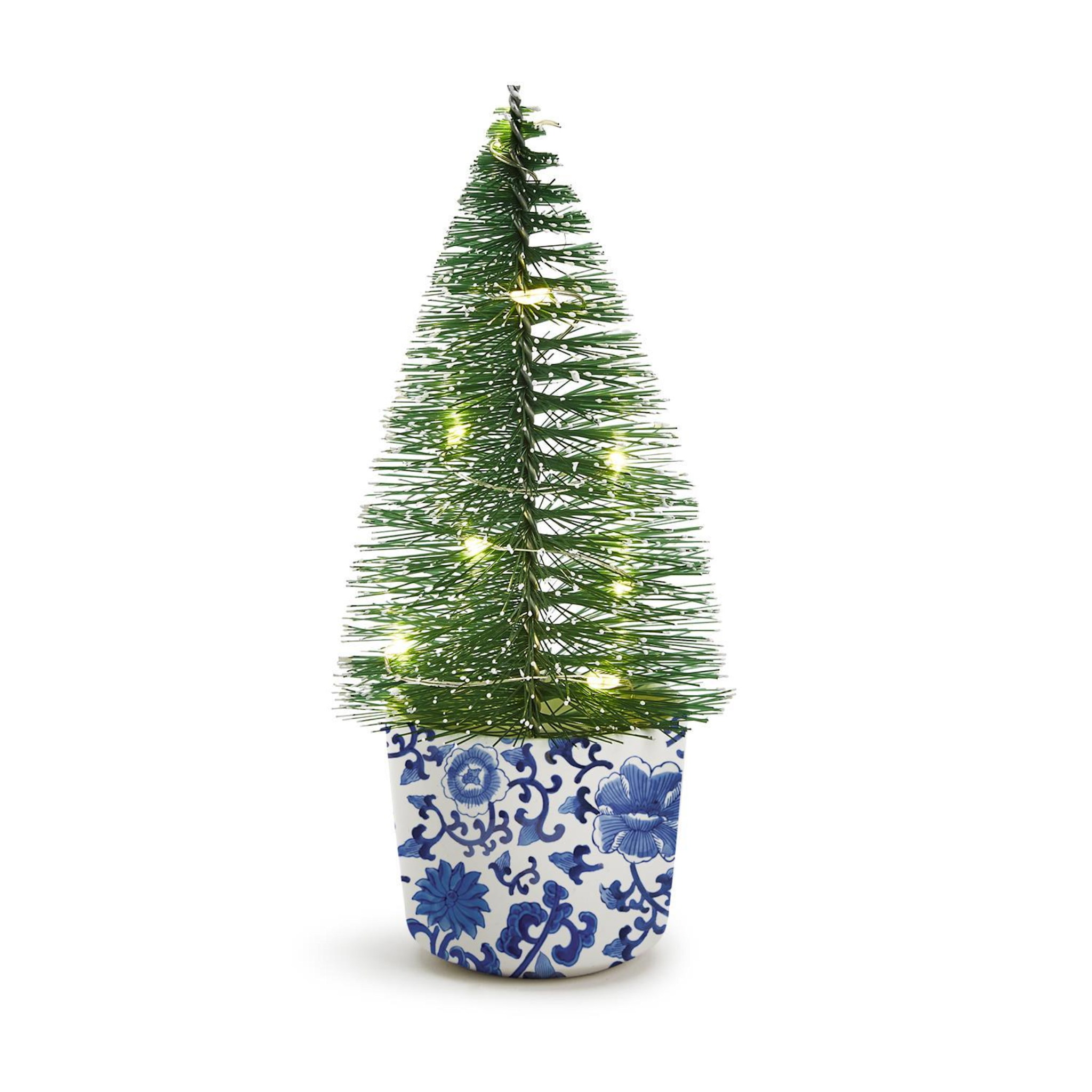 Chinoiserie Christmas Light Up Bottle Brush Tree in Blue and White Ceramic Pot