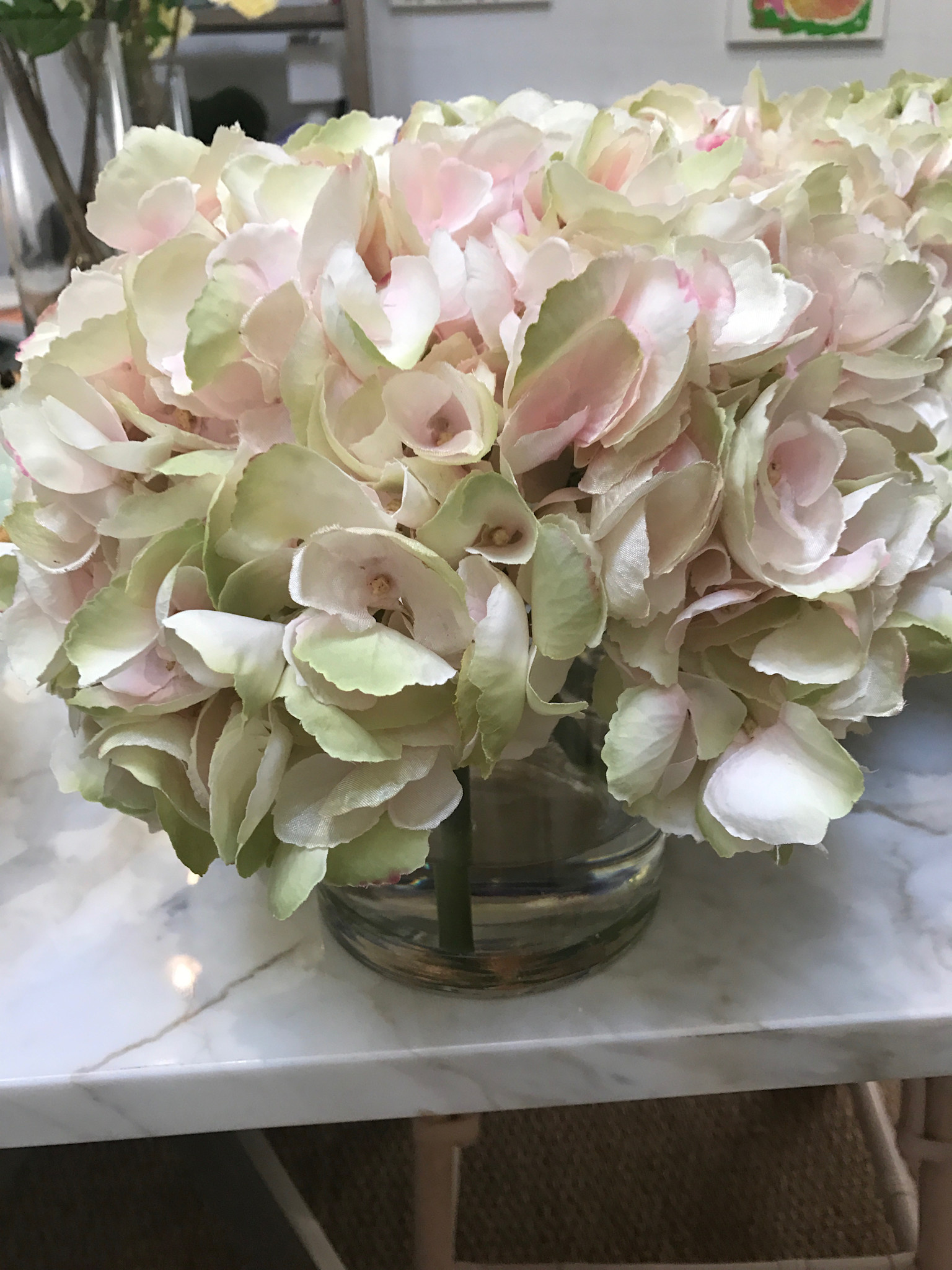Large Hydrangea x3 in 5" Cylinder-Faux Water (Pink Green )