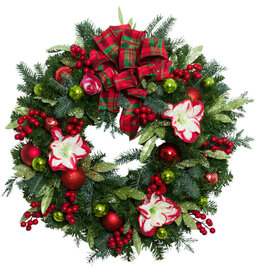 Wreath w/Red Amaryllis Theme Citrus Bow  35" H X 35" W