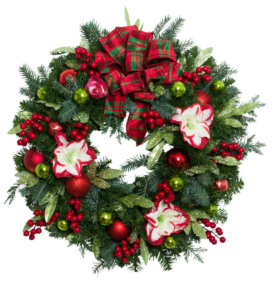 Wreath w/Red Amaryllis Theme Citrus Bow  35" H X 35" W