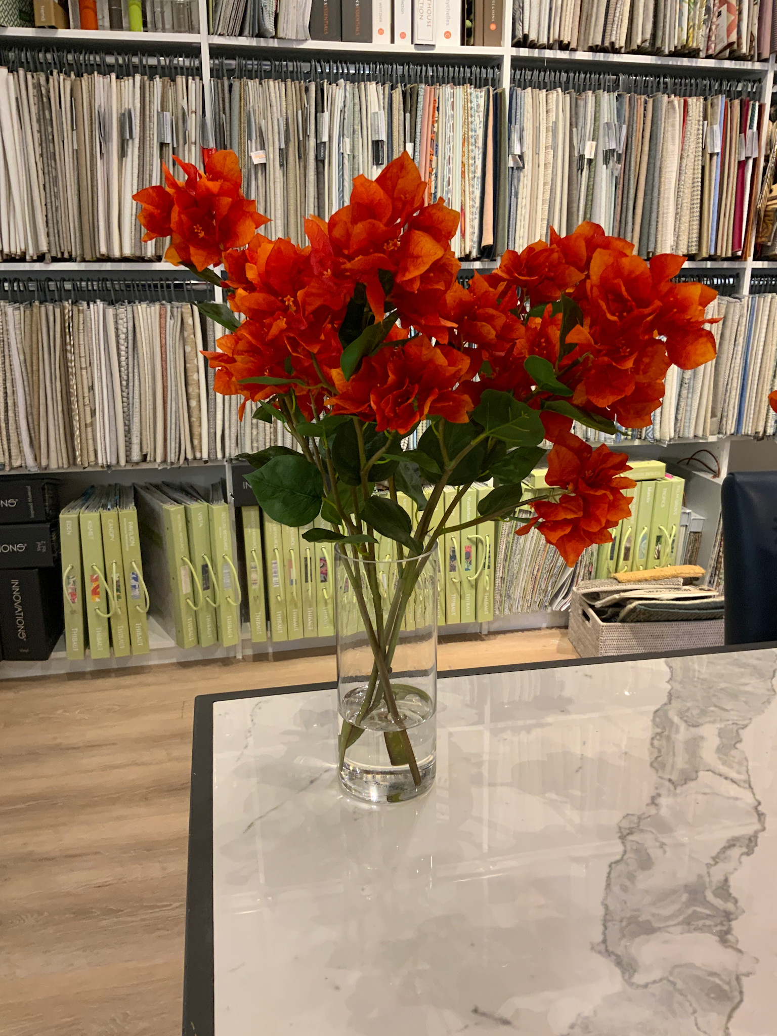 Bougainvillea in Tall Cylinder-Faux Water (Orange)
