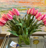 Dutch Tulips in 6” Rectangle Vase (Dark Pink)