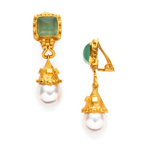 Botticelli Gold Aqua Chalcedony Pearl Clip On