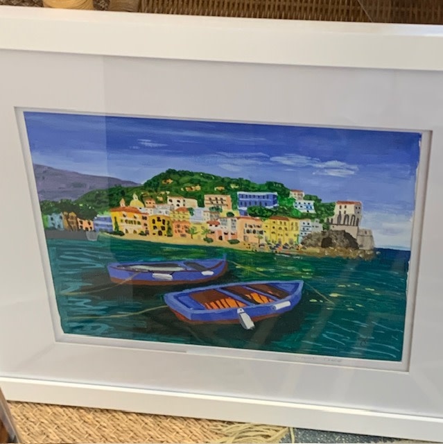 Amalfi Coast Fishing Village 14"x18" original gouache painting