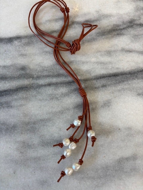 Baroque Pearl Necklace on Leather 16"{