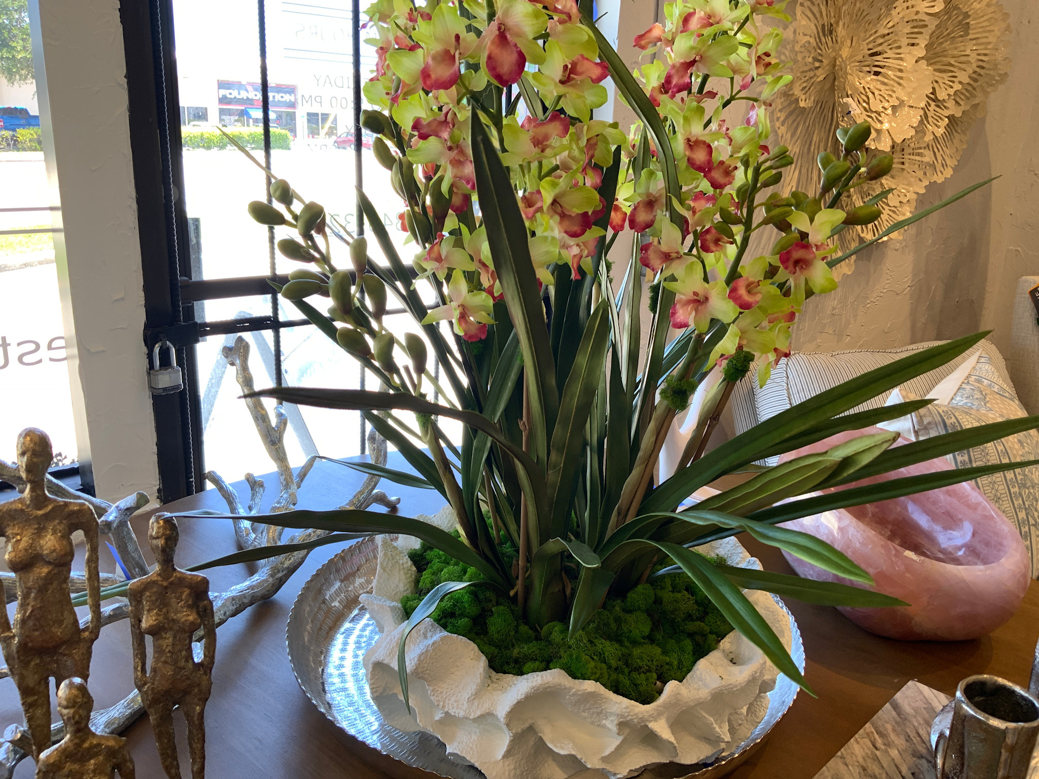 Customn Dendrobium Orchid x3 Green in Coco White Coral Bowl