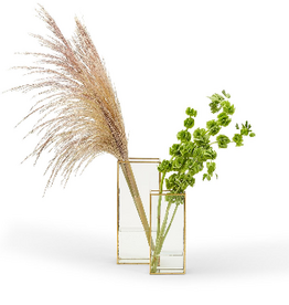 Window Square Vase with Gold Metal Trim SM 4" W x 2 1/2" D x 9" H