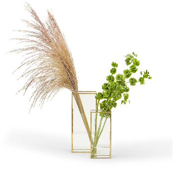 Window Square Vase with Gold Metal Trim SM 4" W x 2 1/2" D x 9" H