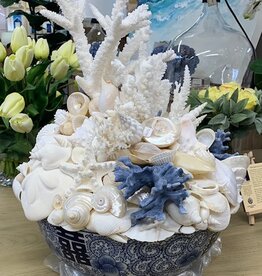 Shells and Coral in Blue and White Bowl  C 18Hx16W