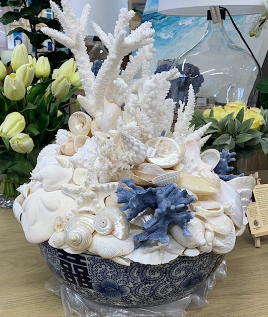 Shells and Coral in Blue and White Bowl  C 18Hx16W