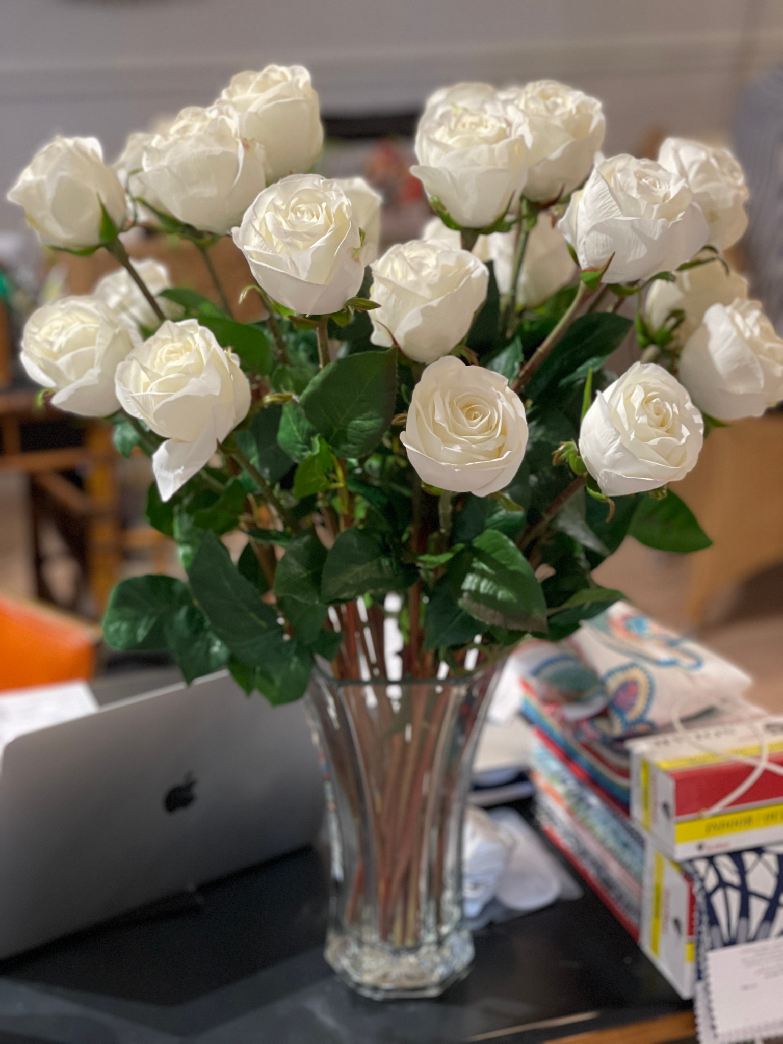 2 Dozen Long Stem Roses in Flared Vase (White)