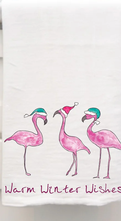 Flamingo's Warm Winter Wishes Customizable Flour Sack Dish Towel