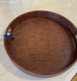 Bold Decor Round Design Tray with Chrome Handles in Crocodile Brown