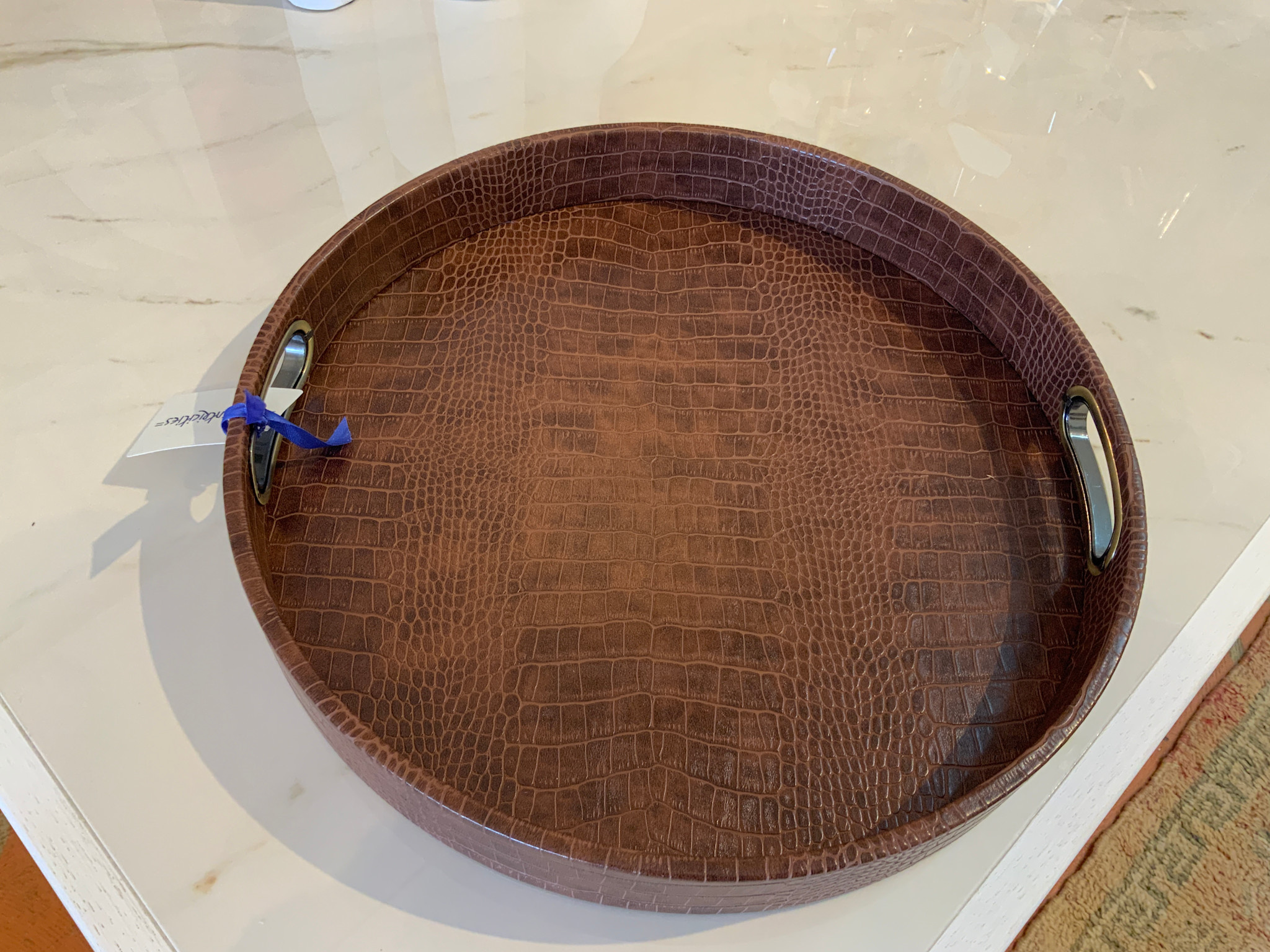 Bold Decor Round Design Tray with Chrome Handles in Crocodile Brown