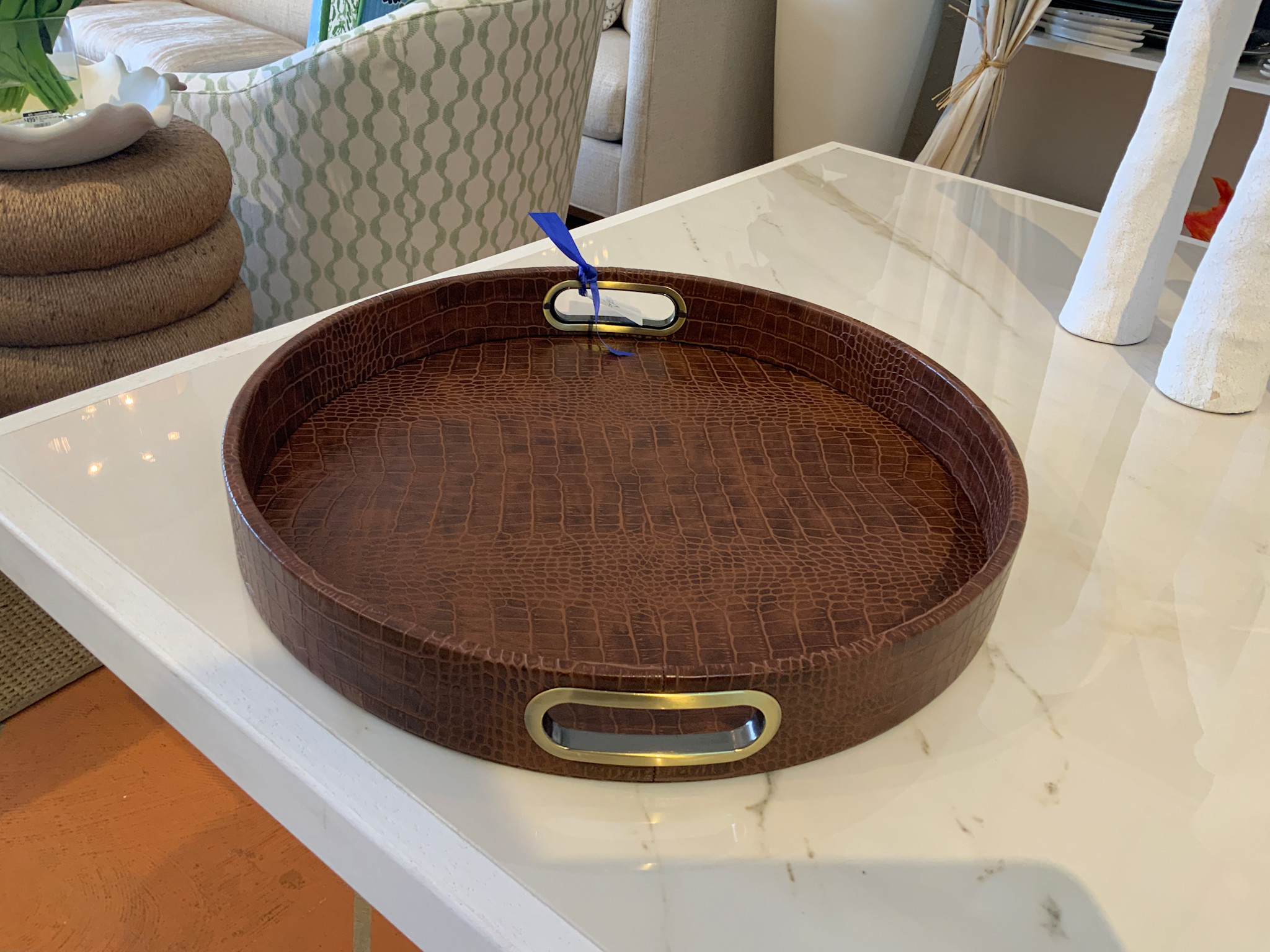 Bold Decor Round Design Tray with Chrome Handles in Crocodile Brown