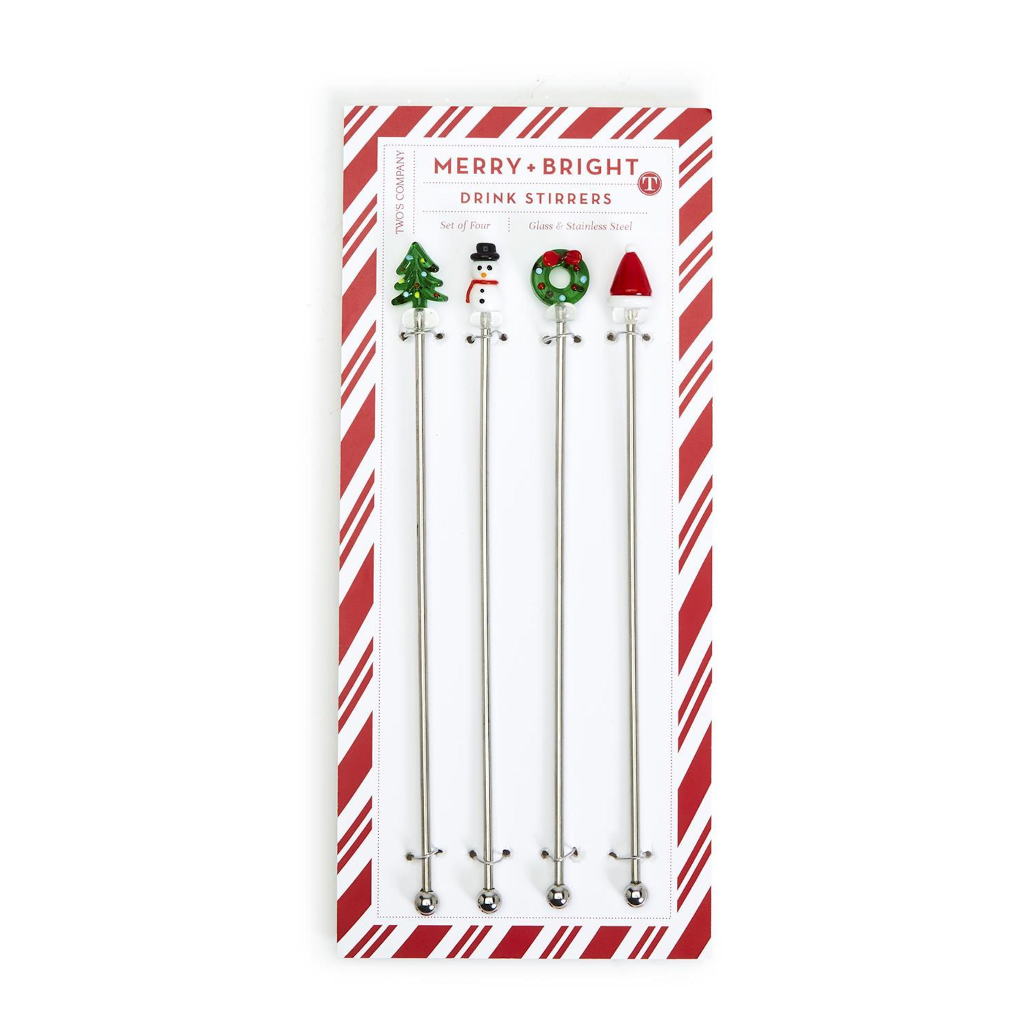 Christmas Cheers Set of 4 Drink Stirrers with Hand-Crafted Glass Icon on Gift Card