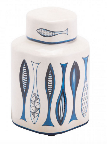 Fish Temple Jar Sm White And Blue W 5.9 x H 8.7 x L 5.9