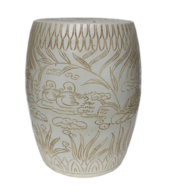 Mandarin Ducks Carving Porcelain Garden Stool / 17h x13dia
