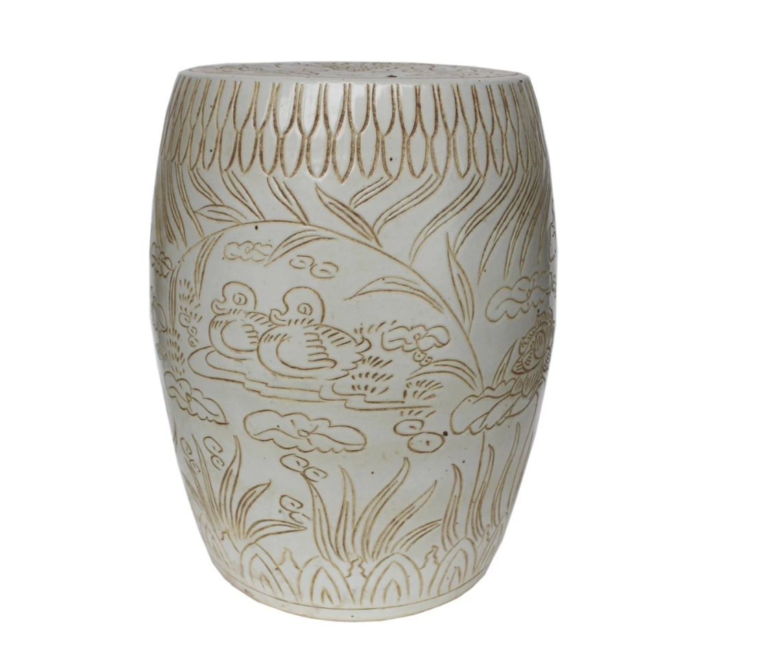 Mandarin Ducks Carving Porcelain Garden Stool / 17h x13dia