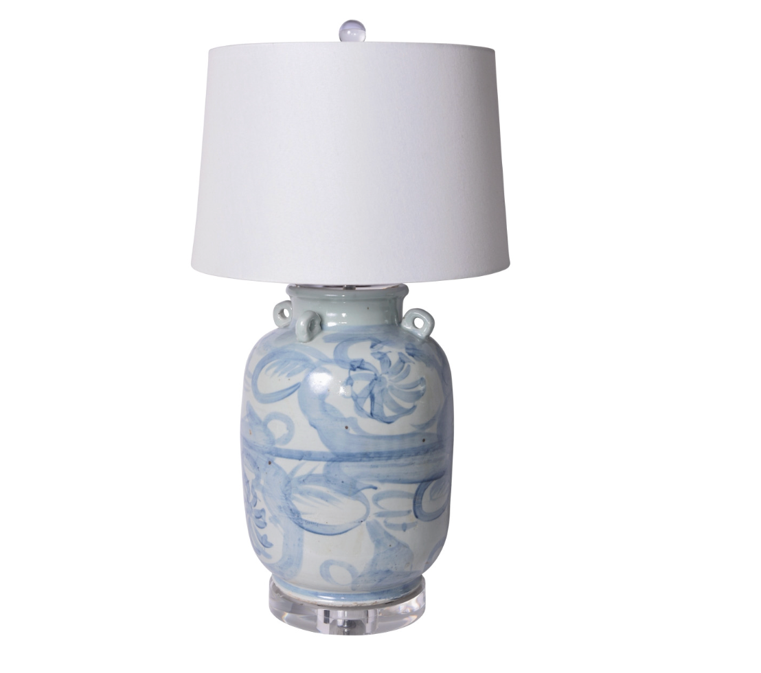 Blue & White Four Loop Handle Jar Twisted Flower Lamp / 30h x17dia
