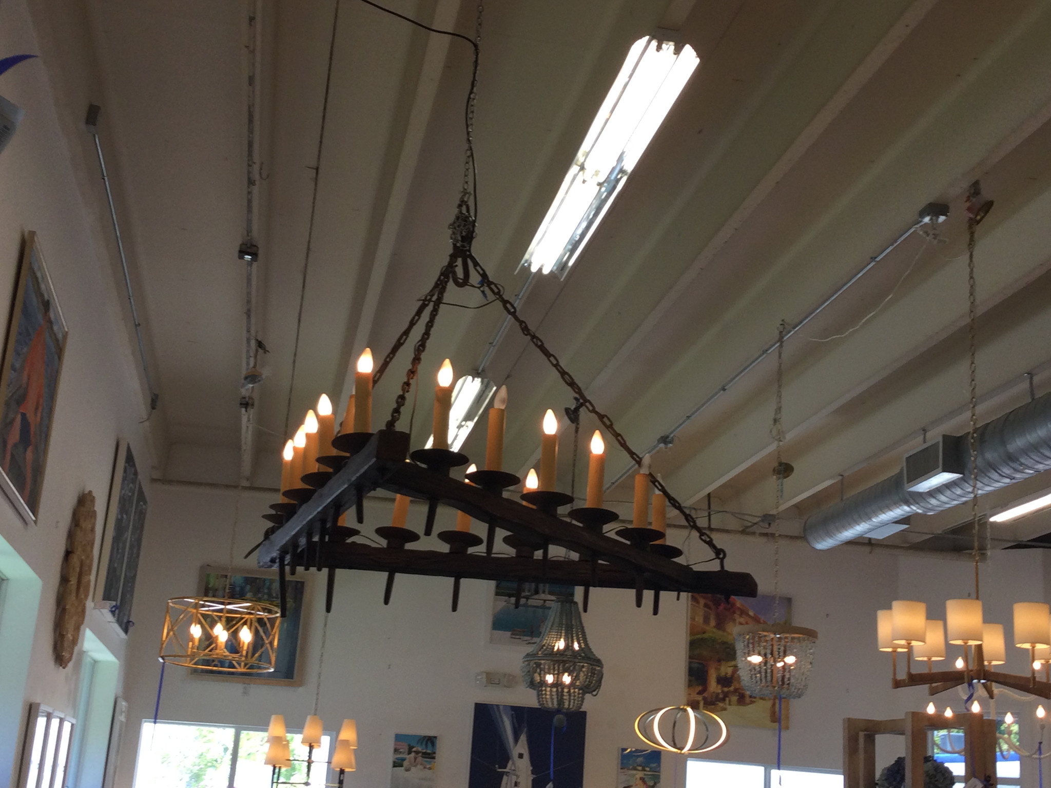 Antique Triangular Chandelier wood and Iron  62' x 62" x 22"h x 54" center
