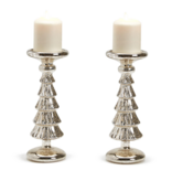 Silver Belle Set of 2 Mercury Glass Finish Christmas Tree Pillar Candleholders