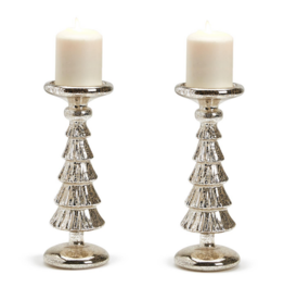Silver Belle Set of 2 Mercury Glass Finish Christmas Tree Pillar Candleholders