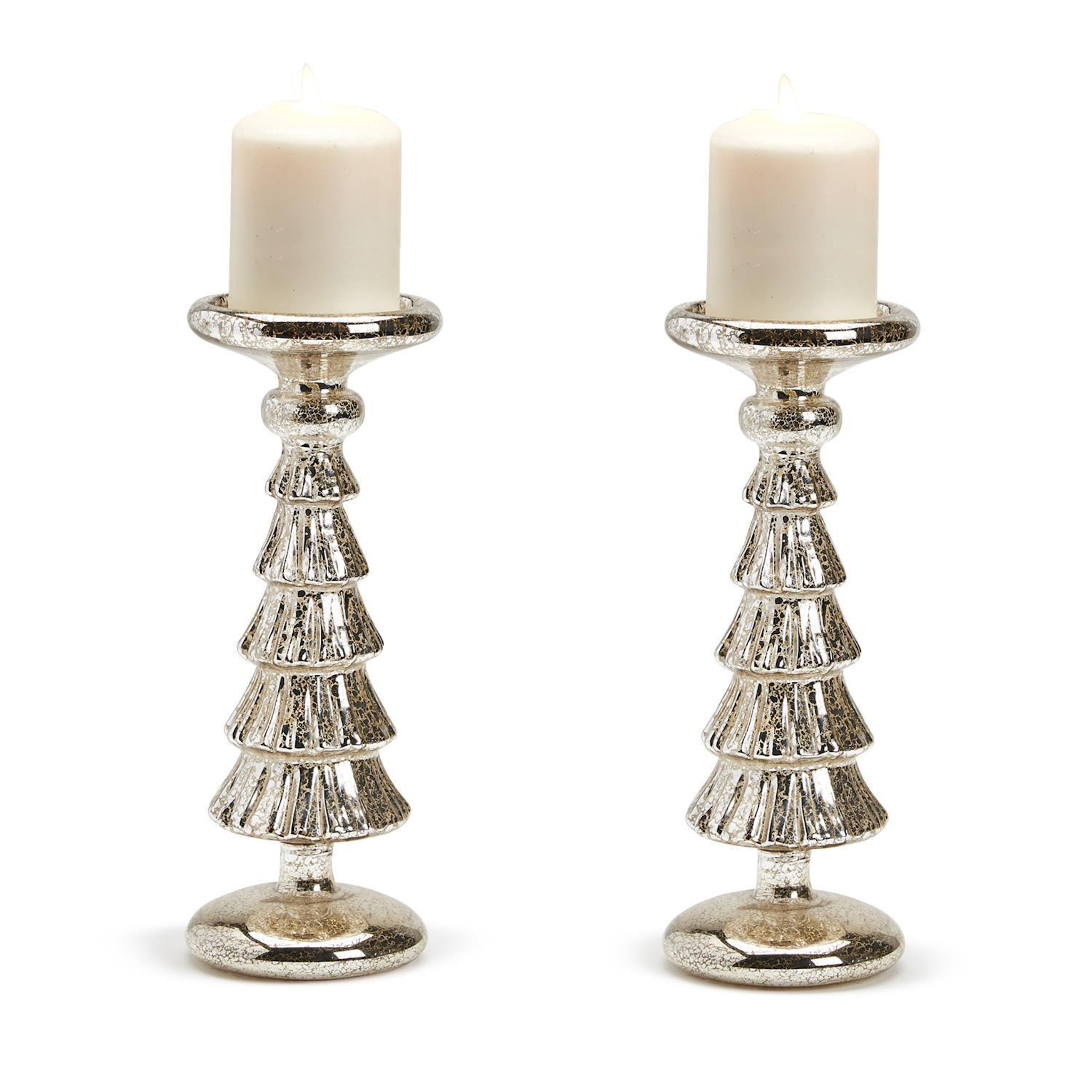 Silver Belle Set of 2 Mercury Glass Finish Christmas Tree Pillar Candleholders