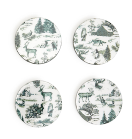 Forest Christmas Set of 4 Green Toile Coasters with Holder