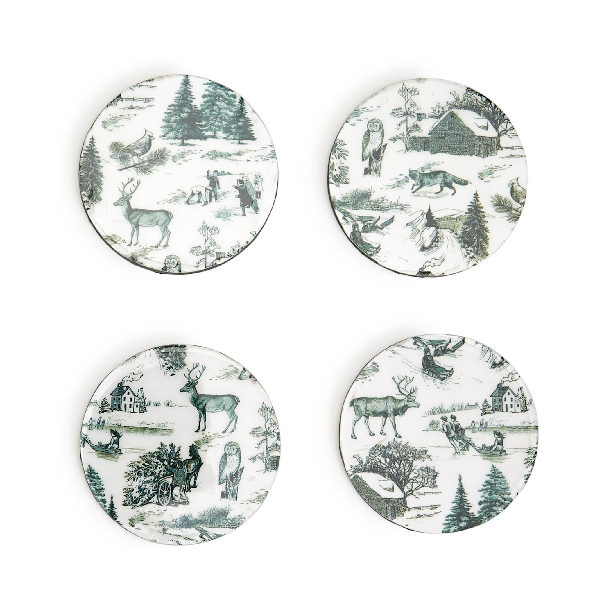 Forest Christmas Set of 4 Green Toile Coasters with Holder