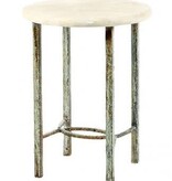 Lilian End Table  26"H, 18"DIA. Oyster White Finish, Light Travertine Top