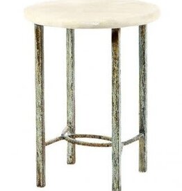 Lilian End Table  26"H, 18"DIA. Oyster White Finish, Light Travertine Top