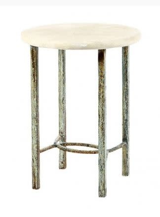 Lilian End Table  26"H, 18"DIA. Oyster White Finish, Light Travertine Top