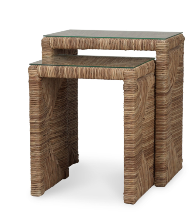 Tuscan Rush Nesting Table Set 2 with Tempered Glass W 24 x D 16 x H 27 in