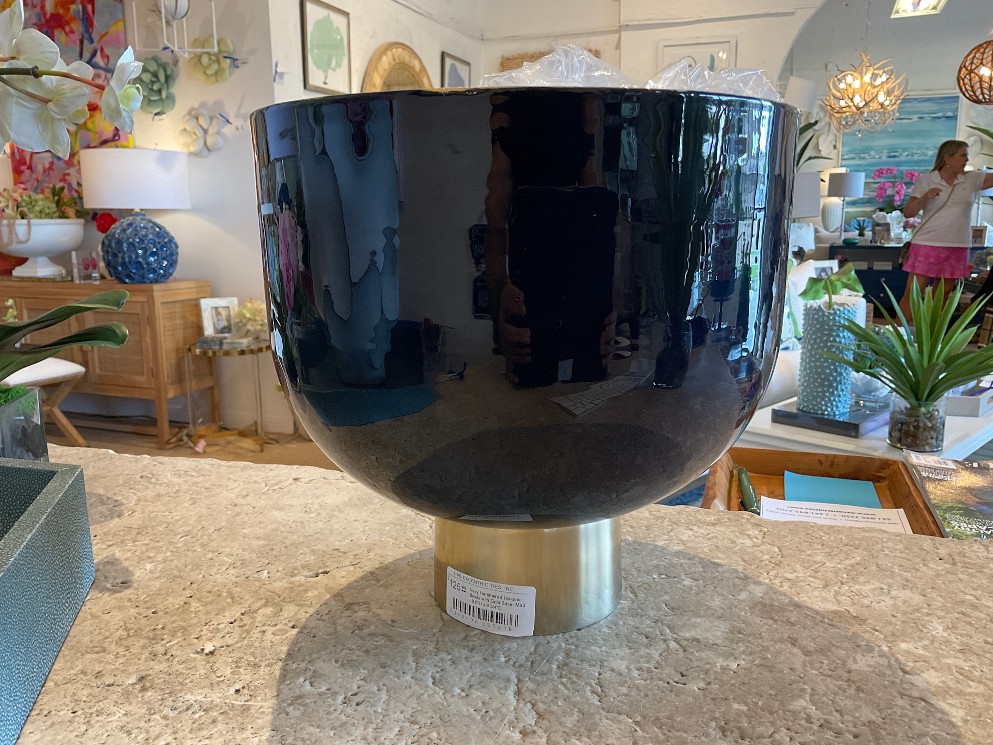 Navy Hammered Lacquer Bowls with Gold Base -Med - 9.5"H x 9 3/4"D