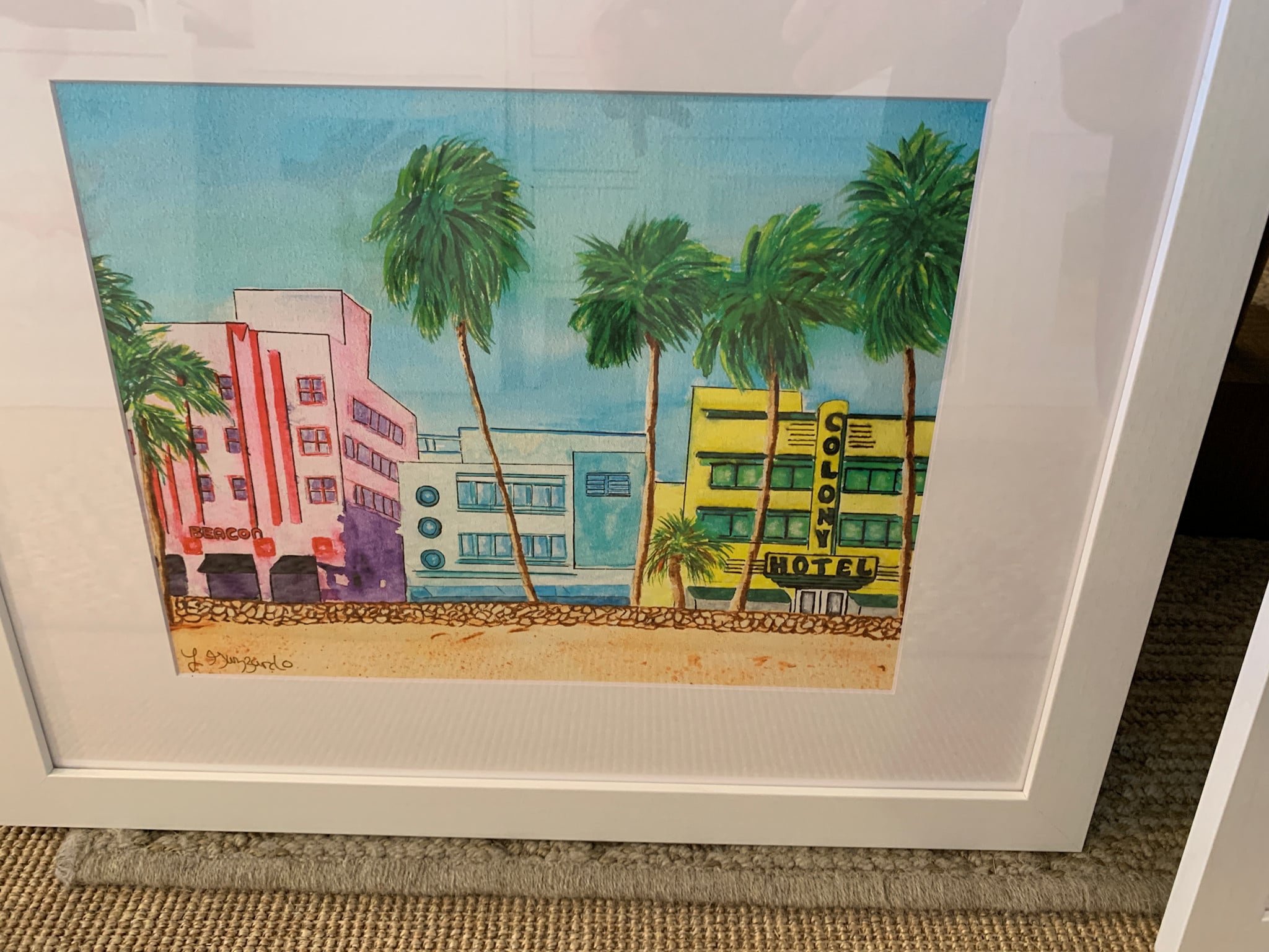 Colony Hotel South Beach 22"W x 18.5"H Water color print