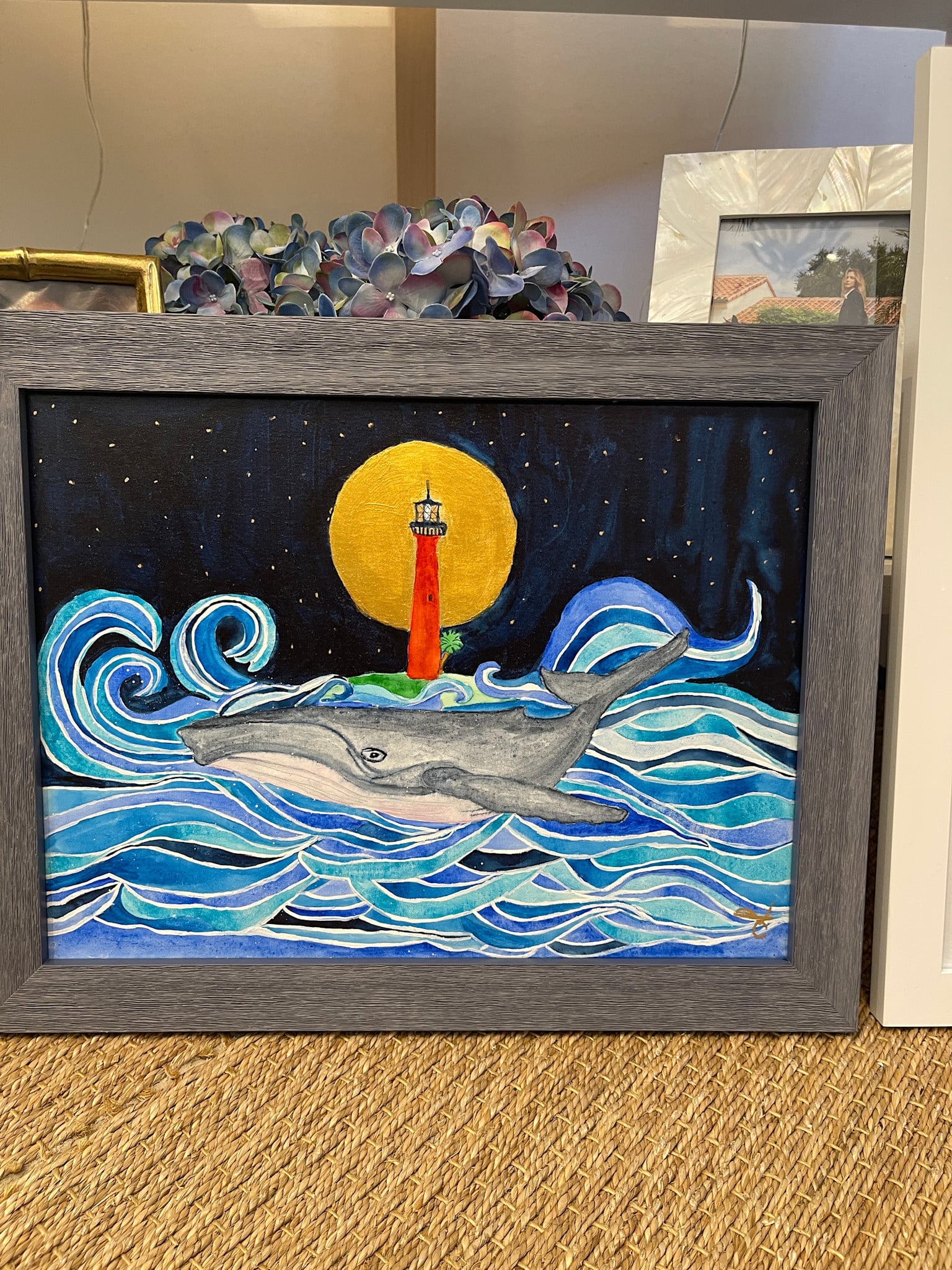 Whale at the Lighthouse orig. watercolor 18" x 14"