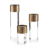 Set of Three Crystal and Antique Brass Candleholders