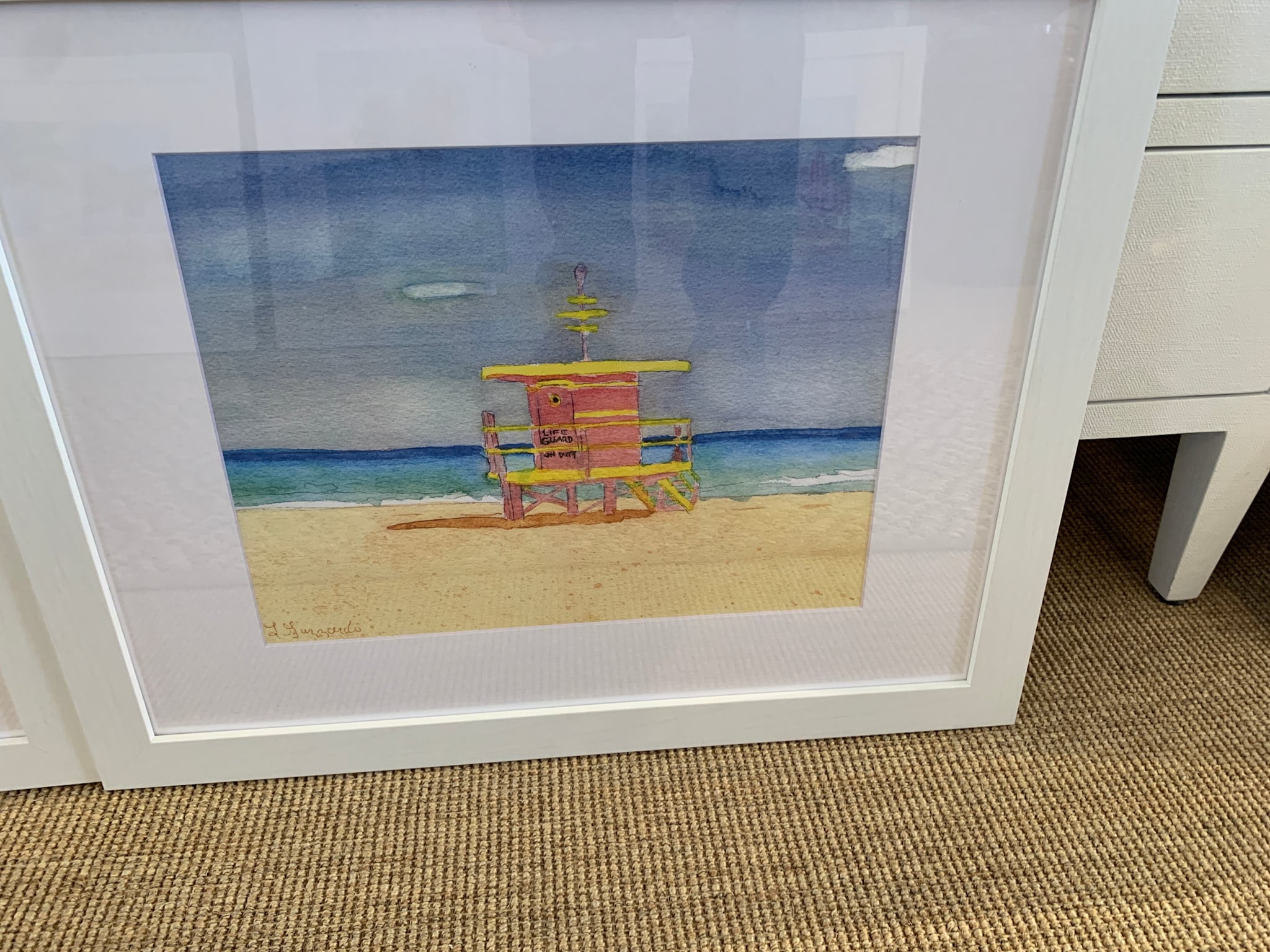 Lifeguard Stand Pink South Beach 22"W x 18.5"H .  Water color print